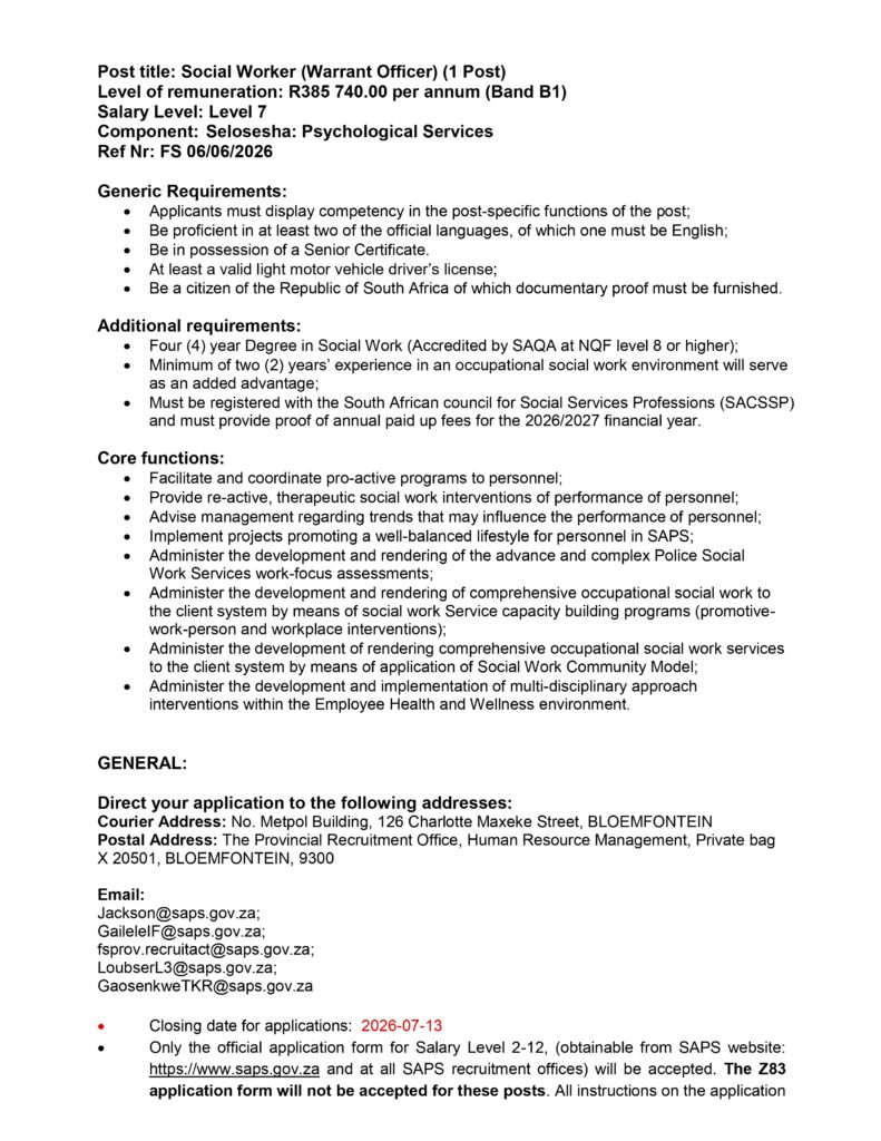 FREE STATE: SENIOR SOCIAL WORKER (WARRANT OFFICER) X1 fs senior social page 0001